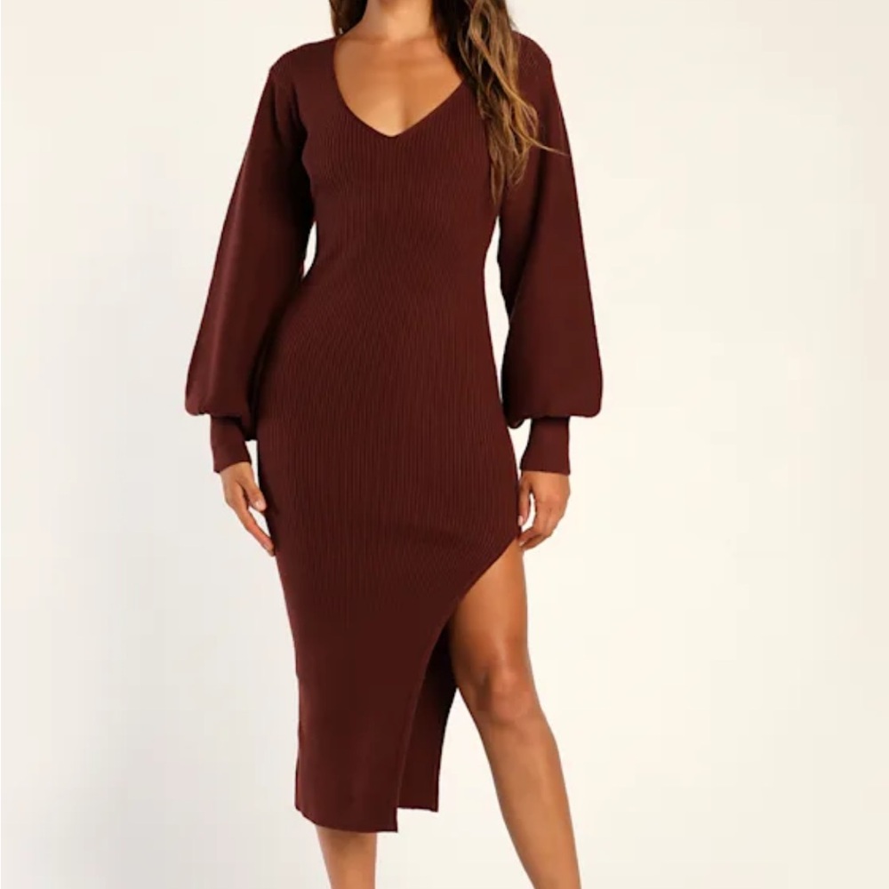 Lulu's Chocolate Brown Balloon Sleeve Sweater Dress